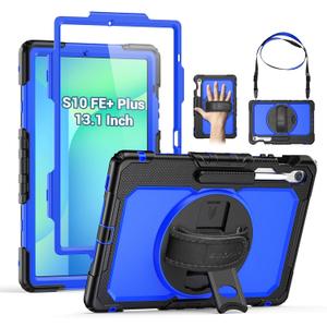 SEYMAC Case for Samsung Galaxy Tab S10 FE+/ S10 FE Plus 5G 13.1 2025, Heavy Duty Full-Body Shockproof Protective Case with Screen Protector, Stand, Hand/Shoulder Strap and Pen Holder, Dark Blue