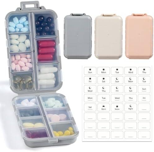 LANDNEOO 14 Grids Pill Organizer Box with Labels, Travel Medication Holder Dispenser Case Kit, Pocket Daily Pharmacy Container for Fish Oil Vitamin Supplement Storage, Khaki Pink Grey, 3 Pack