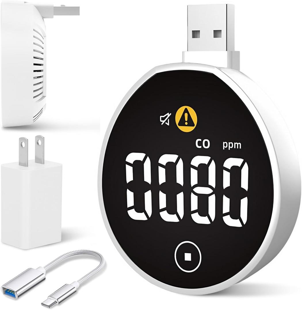 USB Carbon Monoxide Detector with Touch Screen, Plug-in/USB-A/USB-C Powered Carbon Monoxide Monitor Alarm, Portable CO Detector Easy to Read & Use, for Home/Hotel/Travel/Office/RV (1-Pack)