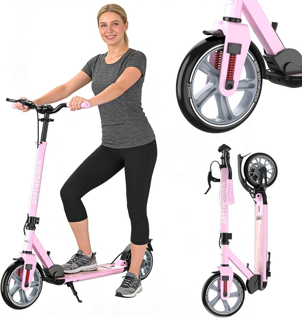 Big Wheels Kick Scooter for Kids Ages 6+, Teens and Adults, Max Load 300 LBS, Foldable - 2-Wheel Commuter Adult Scooters with Hand Brake & Shock Absorption, Adjustable Handlebar, Bearing ABEC9