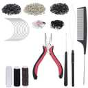Hair Extension Tools Kit, 600 Silicone Lined Micro Rings, 1 Plier, 2 Hook Needle Pulling Loop, 10 Curved Hair Needle, 1 Comb, 3 Sewing Threads, 200 Mini Rubber Bands