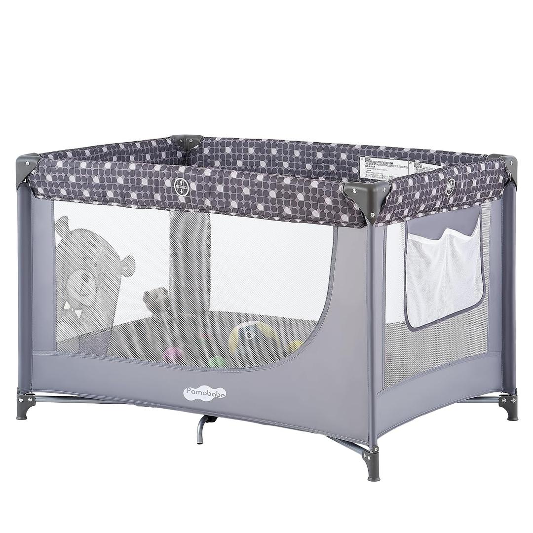 Pamo Babe Compact Pack and Play - Portable Crib for Baby, Lightweight Foldable Travel Playard with Mattress Pad & Carry Bag, Safe Breathable Travel Bed for Home, Trips & Family Visits, Cute Pattern