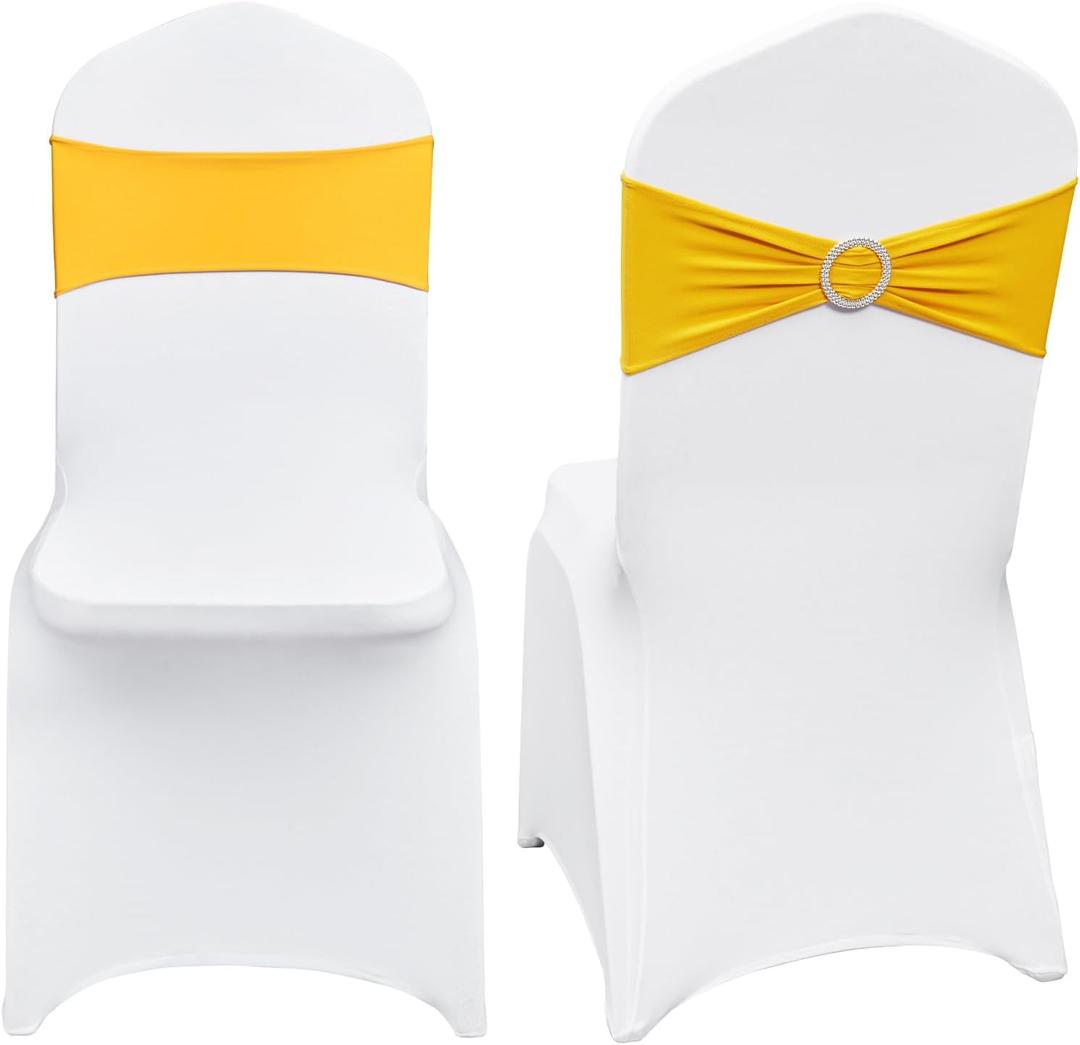 VEVOR Stretch Spandex Folding Chair Covers, Universal Fitted Chair Cover with Chair Sashes, Removable Washable Protective Slipcovers, for Wedding, Holiday, Banquet, Party, Dining (50 Set Gold & White)