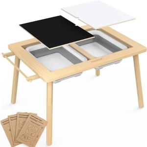 Sensory Table for Toddlers Kids Play Wooden Sand Water Table with Double-Sided Board & Foldable Storage Bins for Indoor and Outdoor Use, Birthday Gifts for Boys and Girls (Standard, Natural)