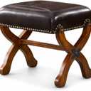 Leather Foot Stool, Genuine Leather Padded Ottoman with Wood Base, Brown, 15.4"D x 18.9"W x 16.5"H