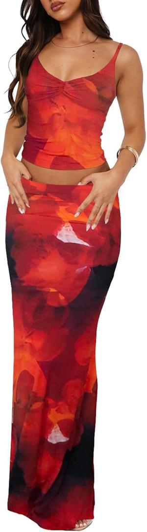 Two Piece Skirt Set for Women - Sexy 2 Pc Sleeveless Spaghetti Strap Pleated Tank Top Maxi Long Skirts Sets (Medium, Orange Floral)