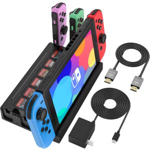TV Docking Station with Joycon Charging for Switch,Storable 6 Game Cards/6 TF Cards,Switch Docking Station Support 4K HDMI Adapter Output with HDMI Cable and 15V/2.6A USB-C Charger
