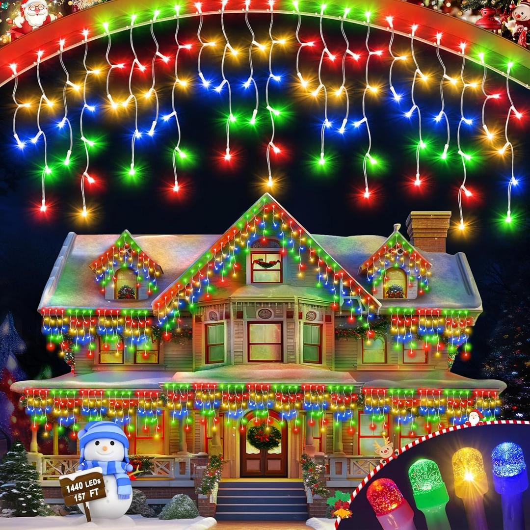 Nashcom Upgraded Icicle Christmas Lights, 157FT 1440 LED Hanging Christmas Outdoor Waterproof with 8 Modes Timer & Memory, 320 Drops Icicle for Outside House Patio Yard Decor, Multicolor