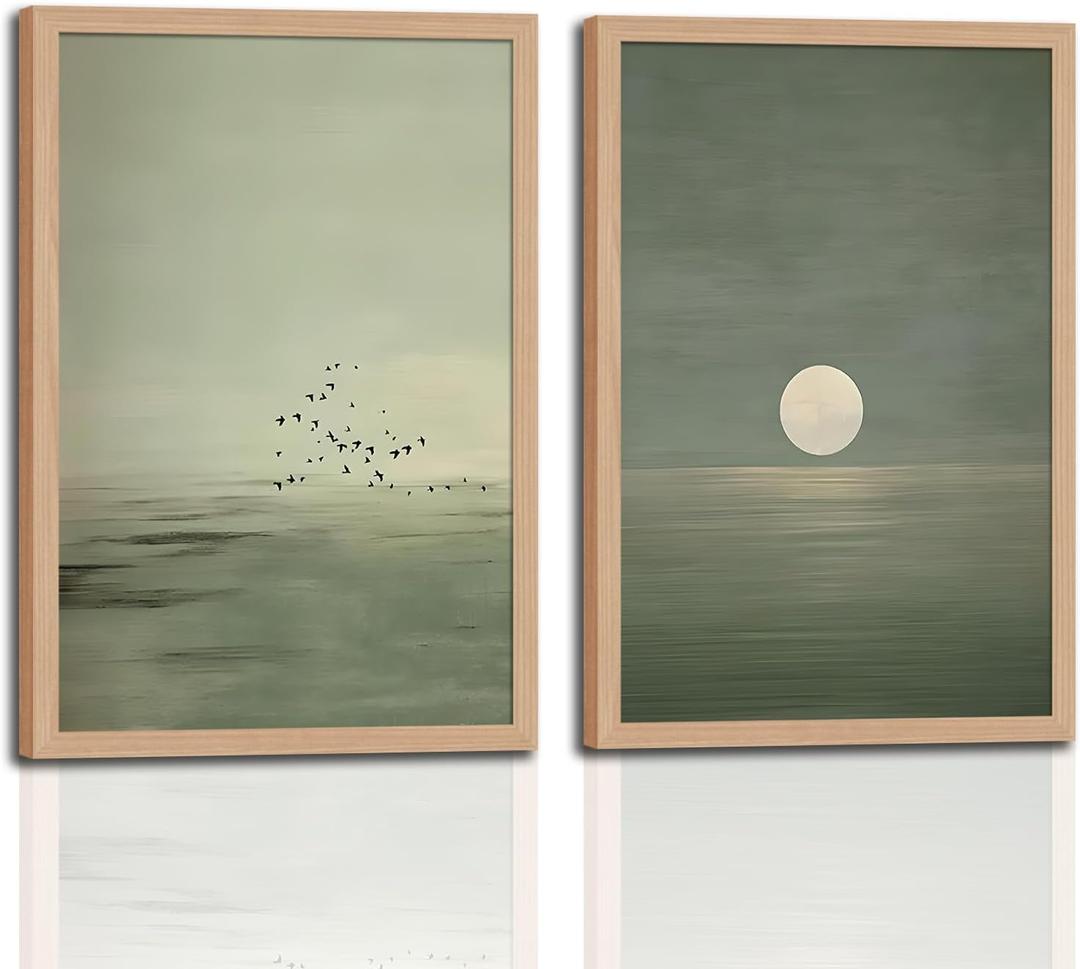 Japanese Zen Wall Art Set of 2 with Wooden Frame – Minimalist Sage Green Sunset Landscape Prints, Japandi Scandinavian Boho Painting, Framed Picture Wall Decor 12x16 Inch