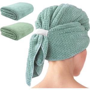 2 Pack Extra Large Microfiber Hair Towel Wrap, 37.4" x 26.4" for Women, Super Absorbent & Quick Dry Hair Towel with Elastic Strap for Curly Hair Green