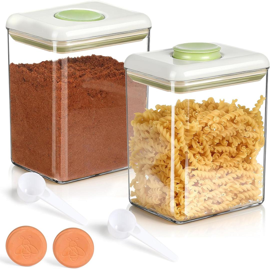 2 Pack POP Airtight Brown-Sugar Keeper-Container - Cereal Containers Storage 1.9Qt(61Oz/1.8L) Tablespoon Scoop Suitable for Storing Grains, Snacks, Dried Fruits etc,Stackable One-Touch Opening