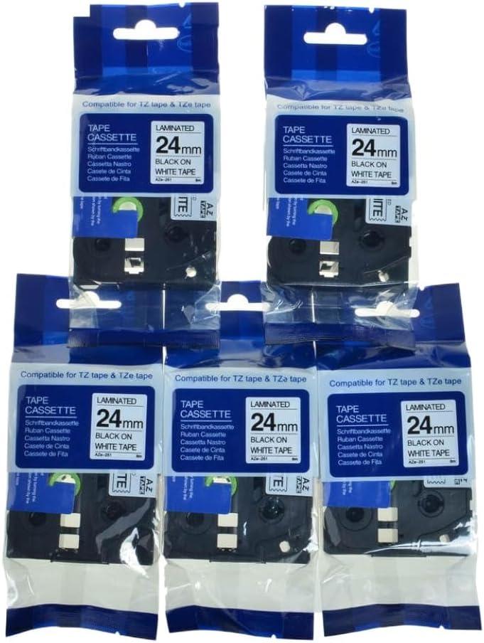 5-Pack 24mm Black on White Label Tape Compatible with TZ/TZe-251 Series Label Printers