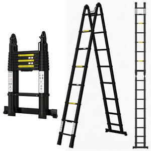 Telescoping Ladder A Frame 16.5Ft with Stabilizer Bar, Jet Black