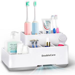 Toothbrush Holder with Anti-Slip, Bathroom Organizer Countertop Detachable for Easy Cleaning, Multifunctional Storage, Bathroom Caddy for Toothpaste, Shaver,Great for Home, Vanity Organizer, Office (White)