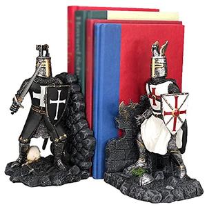 Ebros Black and White Medieval Crusader Knight Bookends Statue 7.5" Tall Set Suit of Armor Swordsman Knights of The Cross Age of Kings Decorative Bookends Sculpture