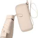 ESUFEIR Mini Sun Umbrella for Purse With Case, Small Compact UV Umbrella Travel Essentials, Lightweight Portable Parasol Windproof for Women Men Kids (Beige)