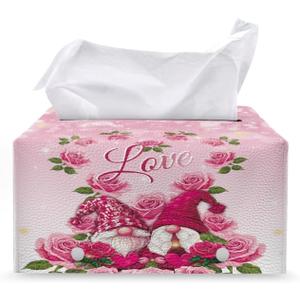 Gnome Rectangular Tissue Box Valentine's s Decor Leather Tissue Box Cover for Bathroom Accessories Romantic Rose Paper Case Organizer Holder for February 14th