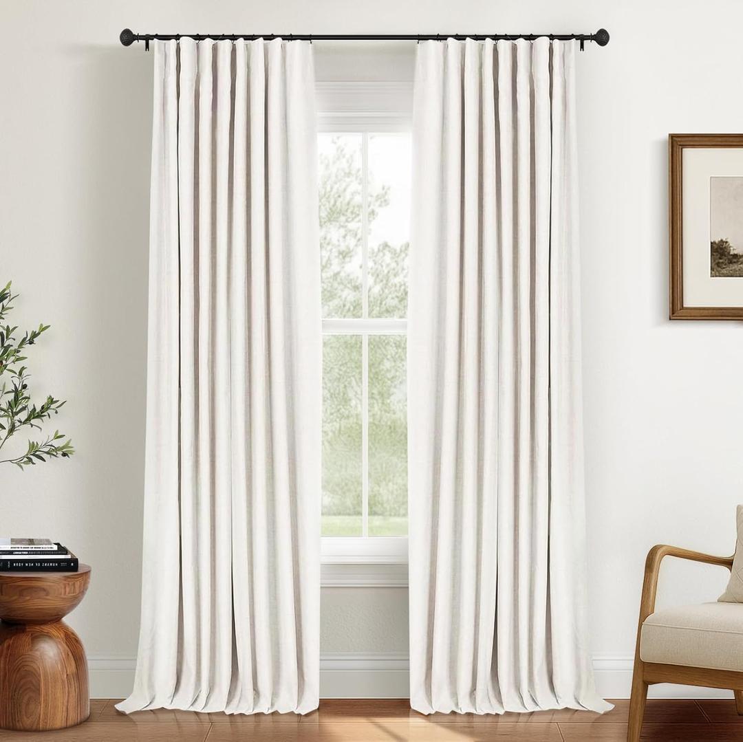INOVADAY 100% Blackout Curtains for Bedroom, Black Out Curtains 108 Inch Long, Clip Rings Linen Blackout Drapes, Thermal Insulated Room Darkening for Living Room, 2 Panels - Beige,W50xL108