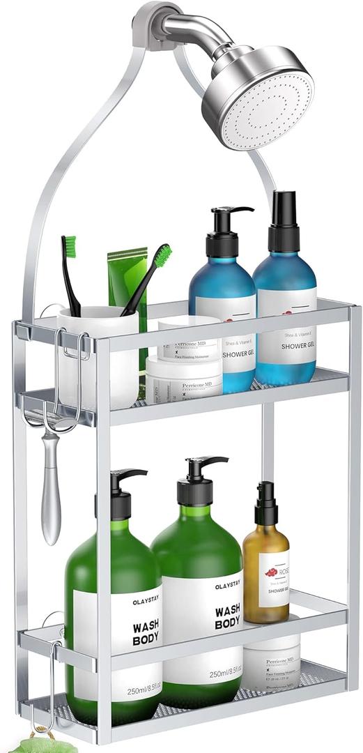 Meangood Shower Caddy, Silver Hanging Shower Caddy Organizer 10.4" x 4.5" x 22.04" Over Shower Head Big Capacity for Shampoo, Conditioner with Hooks for Razor/Sponge