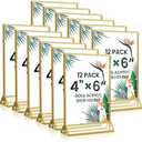 4x6 Gold Acrylic Sign Holder, 12 Pack Wedding Table Number Holder Stands with Vertical Gold Borders, Double Sided Picture Frame Paper Stand, Clear Photo Display Menu Holder for Party, Home, Restaurant. Missing Two(2) Sign Holders