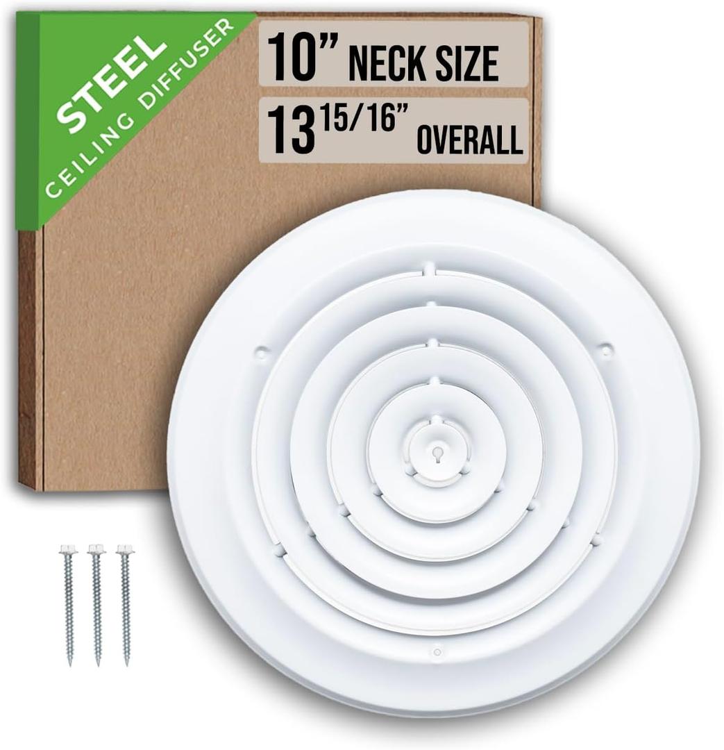 Fits 10 Inch Neck Air Duct | Steel Round Air Supply Diffuser for Ceiling by Handua | Round Diffuser Vent Cover | White | Outer Dimension: 13-15/16"