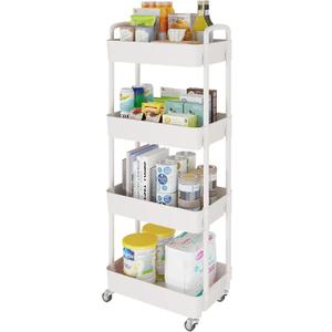 Laiensia 4-Tier Storage Carts, Multifunction Utility Rolling Cart Kitchen Storage Organizer, Mobile Shelving Unit Cart with Lockable Wheels for Bathroom, Laundry, Living Room, With Classified Sticker, White