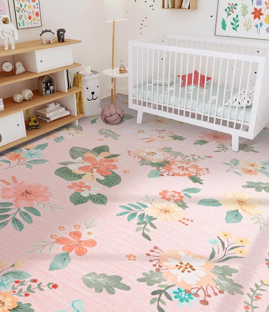 YIHOUSE Floral Print Pink Washable Area Rug 6'x9'- Large Colorful Ultra-Thin Non-Slip Area Rug for Living Room, Bedroom, Nursery Room, Classroom, Playroom,Home Office (Pink, 6x9ft)