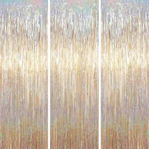 Voircoloria 3.3 x 6.6 ft Foil Fringe Backdrop Curtains, Tinsel Streamers Party Decorations, Fringe Backdrop for Birthday, Baby Shower, Gender Reveal, Graduation (3, Champagne)