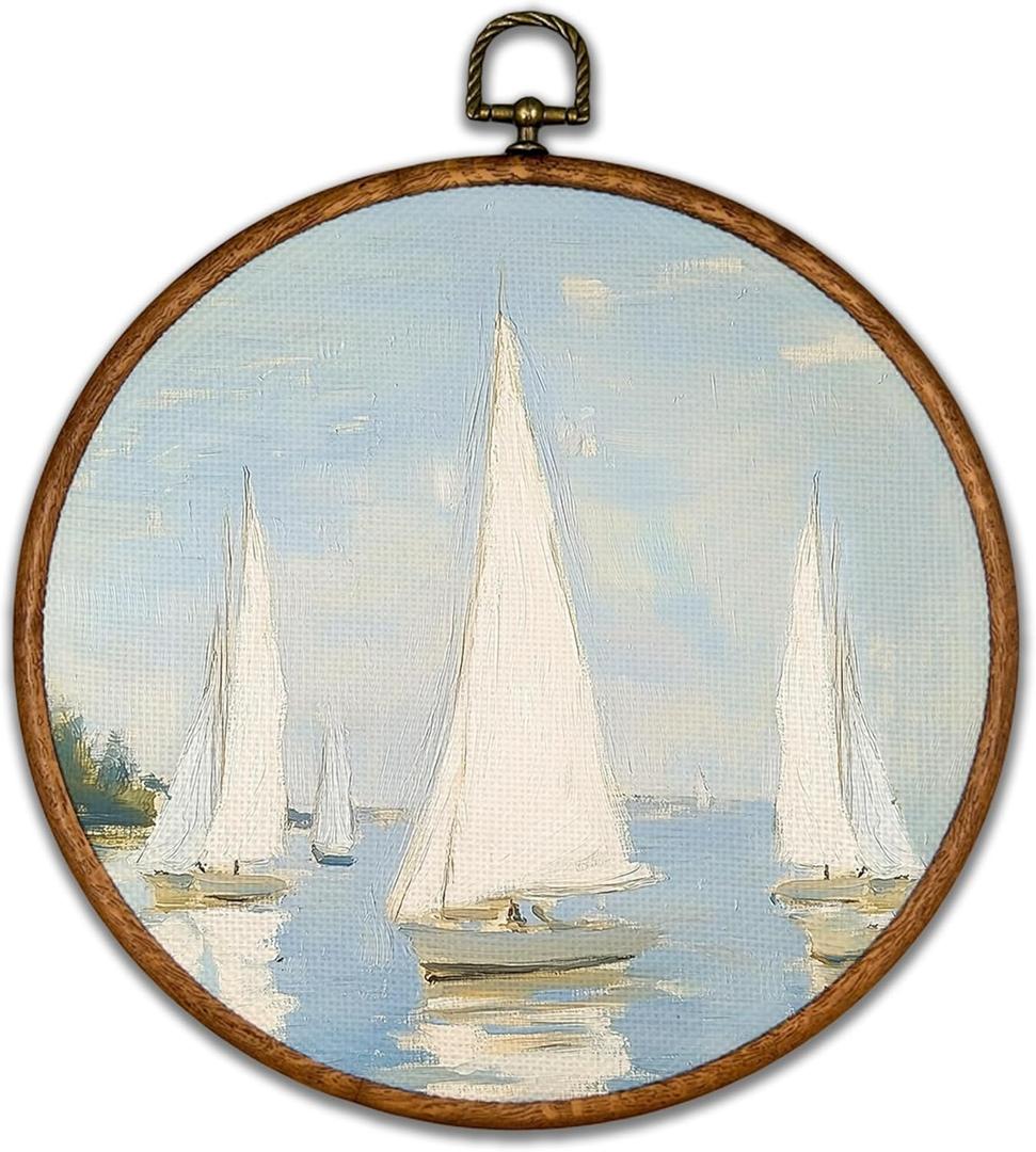 BCUANGD Vintage Sailboat Round Wall Art Decor - Retro Coastal Landscape Wall Art Canvas Frame Artwork Prints, Rustic Nautical Blue Seascape Round Wall Hanging Decorations for Home, 10"x10"