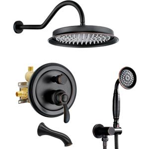Antique Shower System with Tub Spout: 9 inch Vintage Rain Shower Faucet, Wall Mount Rainfall Head and Handheld Spray, 3 Way Diverter Brass Valve with Trim Kit, Oil Rubbed Bronze