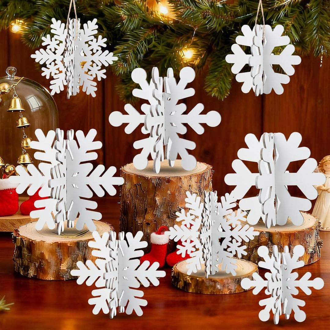 24 Pcs Christmas Snowflake Table Decorations 3D Wooden Snowflake Table Centerpiece Christmas Hanging Signs Tabletop for Xmas Wonderland Home Tiered Tray Winter Holiday Party Supplies(White)