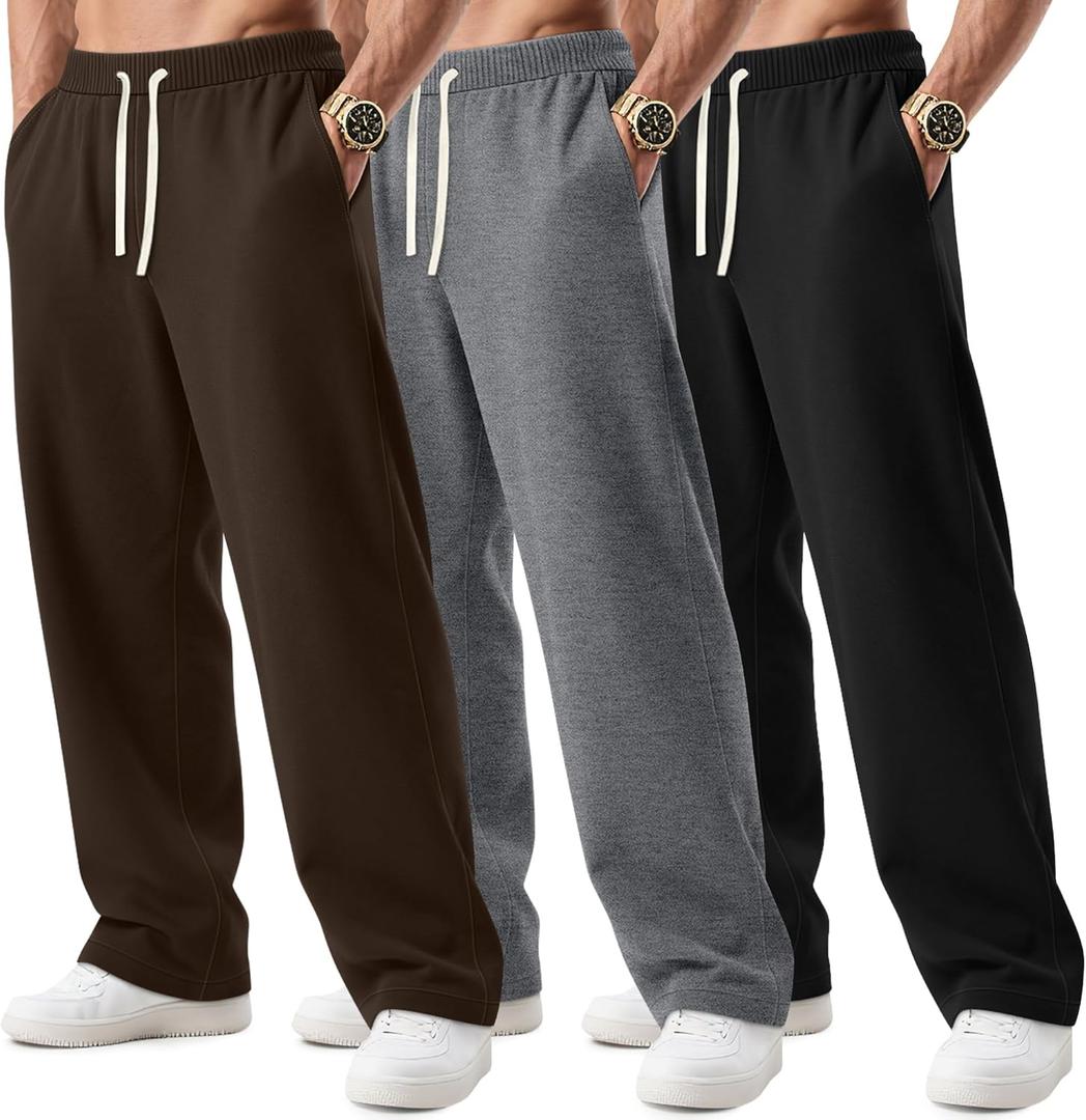 3 Pack Big and Tall Men's Sweatpants Open Bottom Athletic Pants Drawstring Elastic Waist with Pockets (Brown, Mix Gray, Black)