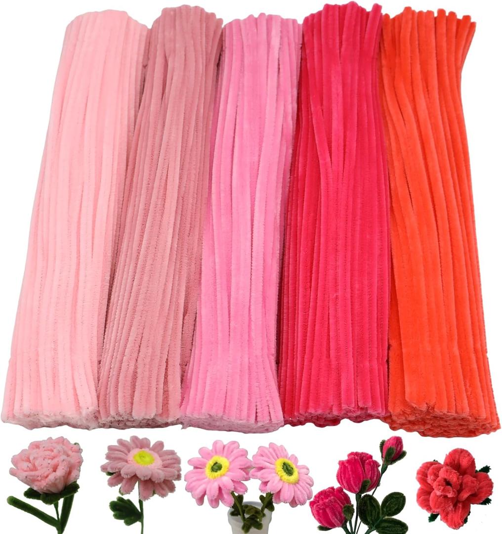 Cldamecy 500 Pcs Pink Series Pipe Cleaner Craft Set in 5 Assorted Colors,Fluffy Pipe Cleaners Chenille Stems for Christmas DIY Decorations,Art Projects