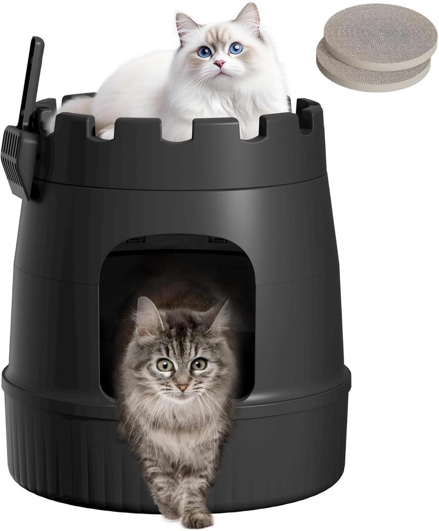Lifewit Castle Cat Litter Box with Scratching Board & Scoop, Hidden Covered Kitty Litter Box Enclosure with Odor Control & Carbon Filter in Living Room, Bedroom, Corner, Black