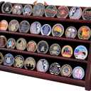 DecoWoodo Challenge Coin Display Case, 4 Row Solid Wood Military Coin Holder Rack Stand Holds 30 Coins for Desk or Wall Mount, Coin Holders for Collectors (Mahogany Finish)