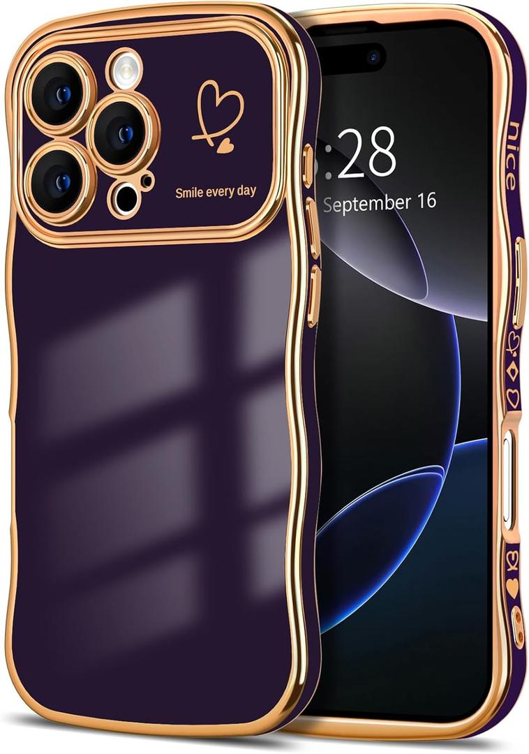 Hython for iPhone 16 Pro Case Wave Wavy Phone Cases with Love Heart, Luxury Plating Edge Cute Curly Shape Cover for Women Girls, Thin Slim Soft TPU Rubber Shockproof Protective Cover, Dark Purple