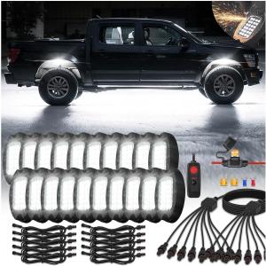 20Pods Metal All Pure White LED Rock Lights Full Kit Plug and Play&Pre Wired 6500K with Switch Wiring Harness Extension Fuse, 480Chip Aluminum Waterproof Underglow 12V for Semi Truck Pickup Offroad