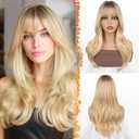 BARSDAR Ombre Blonde Layered Wig with Bangs - 20 Inch Blonde Ombre Layered Wig with Dark Roots for Women - Natural Looking Soft Wavy Synthetic Sabrina Wigs Layers Haircut Fringe Daily