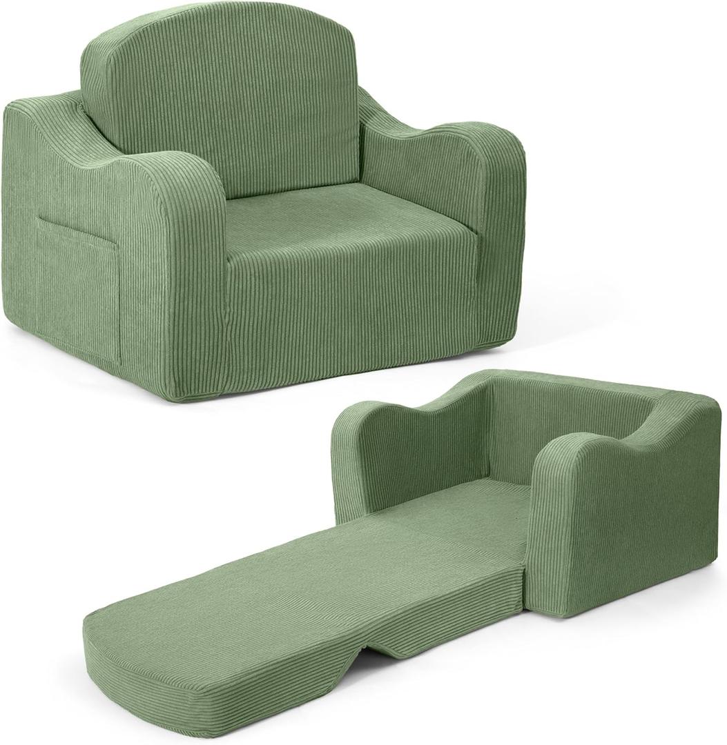 Comfy Kids Chair and Couch, 2-in-1 Convertible Kids Sofa, Soft Fold-Out Design, Removable Washable Cover, Green