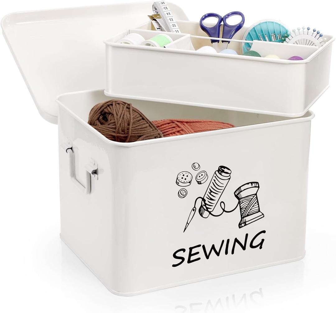 ZOOFOX Sewing Box with Removable Tray, Metal Sewing Box Organizer with Side Handles, Large White Farmhouse Sewing Basket for Sewing Supplies, Beads and Jewelry Making, Christmas Gifts