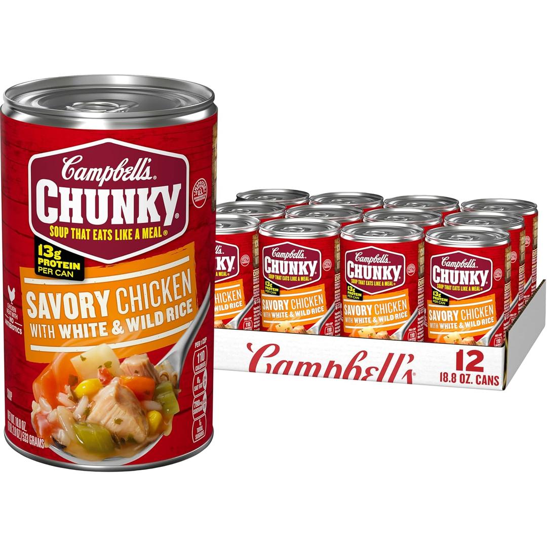 Campbell's Chunky Soup, Savory Chicken with White and Wild Rice Soup, 18.8 Oz Can (Case of 12), Best By: 08/2025