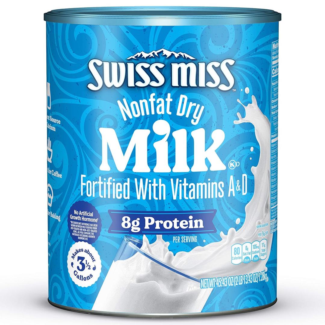 Swiss Miss Shelf Stable Nonfat Dry Powdered Milk, Hot Cocoa Bar Supplies, 45.43 oz. Canister Fortified with Vitamins A and D, Excellent Source of Calcium (EXP 05/23/27)