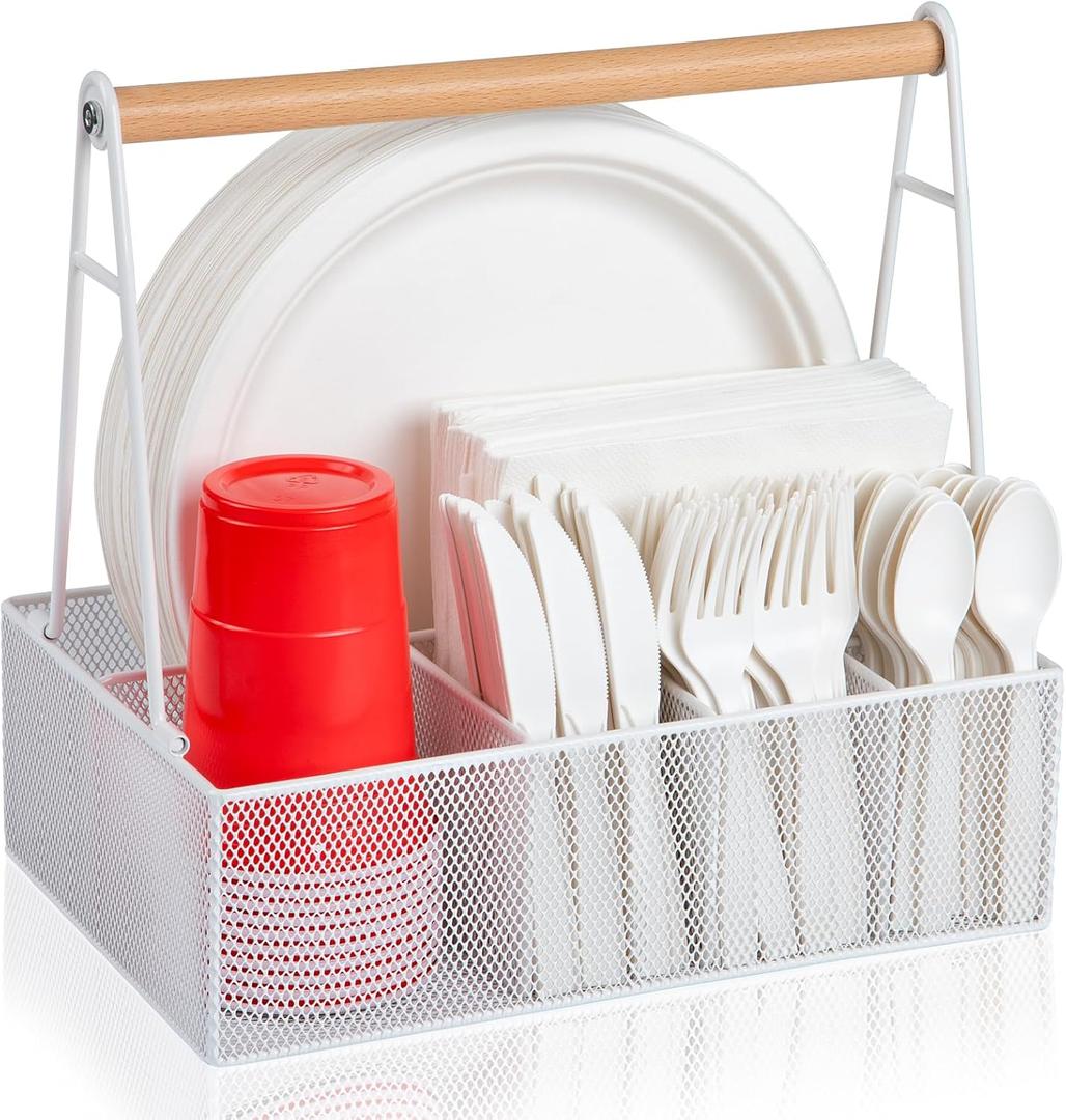 Paper Plate Organizer with Handle for Countertop, Metal Silverware Caddy for Cup, Napkin, Fork and Spoon, Paper Plate and Utensil Holder, Cutlery Caddy for Party, Camping, Picnic (White)