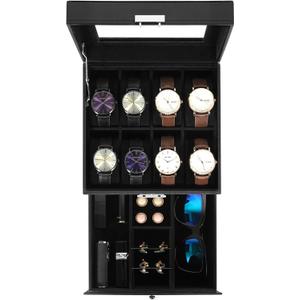 Uten 8-Slot Watch Box, 2-Layers PU Leather Watch Case with Glass Lid, Watch Holder Organizer with Soft Pillow and Velvet Lining, Watch and Jewelry Storage Box, Black
