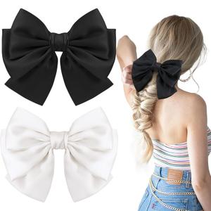 2PCS Big Satin Layered Hair Bows for Women Girls 7 Inch Black White Barrette Hair Clip Large Silk Ribbon Bows French Style Hair Accessories (Black+White)