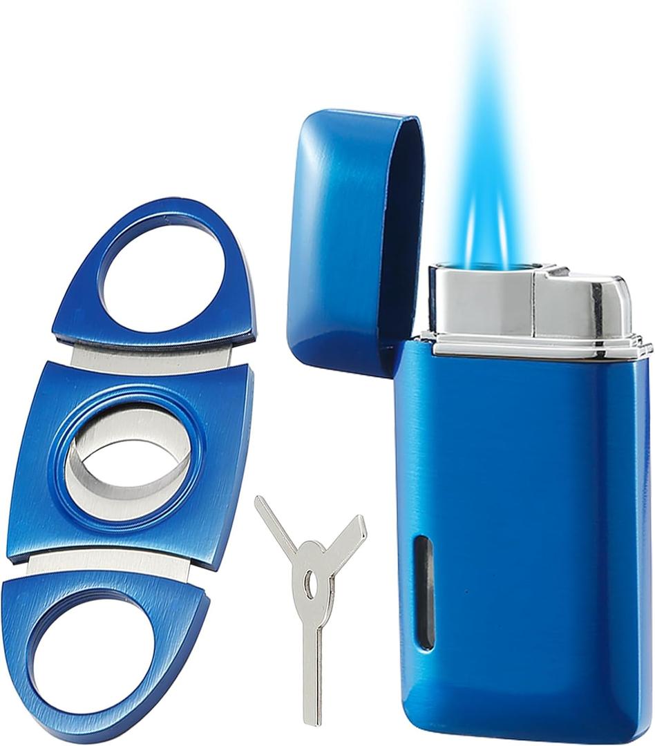 Cutter and Lighter Set, Double Jet Flame Butane Torch Lighter with Adjustment Tools, Refillable Windproof Gas Lighter, Blue.(Sold Without Gas)