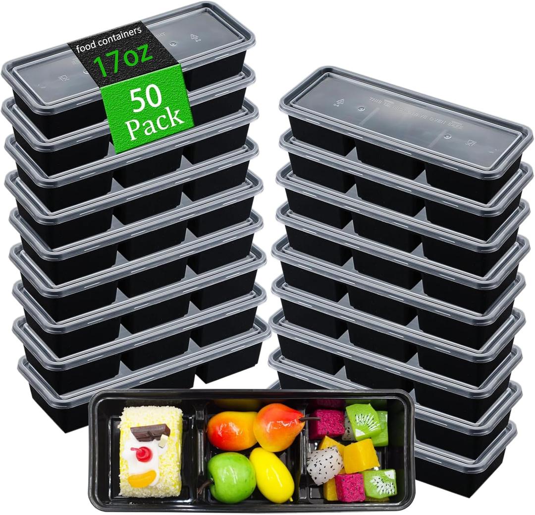 50 Pack 17 Oz Meal Prep Containers with 3 Compartments with lids,Disposable Plastic Bento Boxes Stackable Food Containers Snack,Dessert,Travel Lunch Boxes for Office,Picnic,Microwave Safe (50)