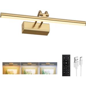 Battery Operated Picture Light for Wall, 4000mAh Cordless Wall Lamp for Painting Photo Artwork , Remote Control, Magnetic for Easy to Charge,Timers, 13.8'' Display for Gallery Living Room Bedroom Gold