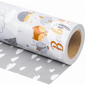 WRAPAHOLIC Jumbo Reversible Baby Shower Wrapping Paper - 30 Inch x 33 Feet Jumbo Roll - Grey Animal Design Neutral Baby Shower, Boys Girls Kids Birthday