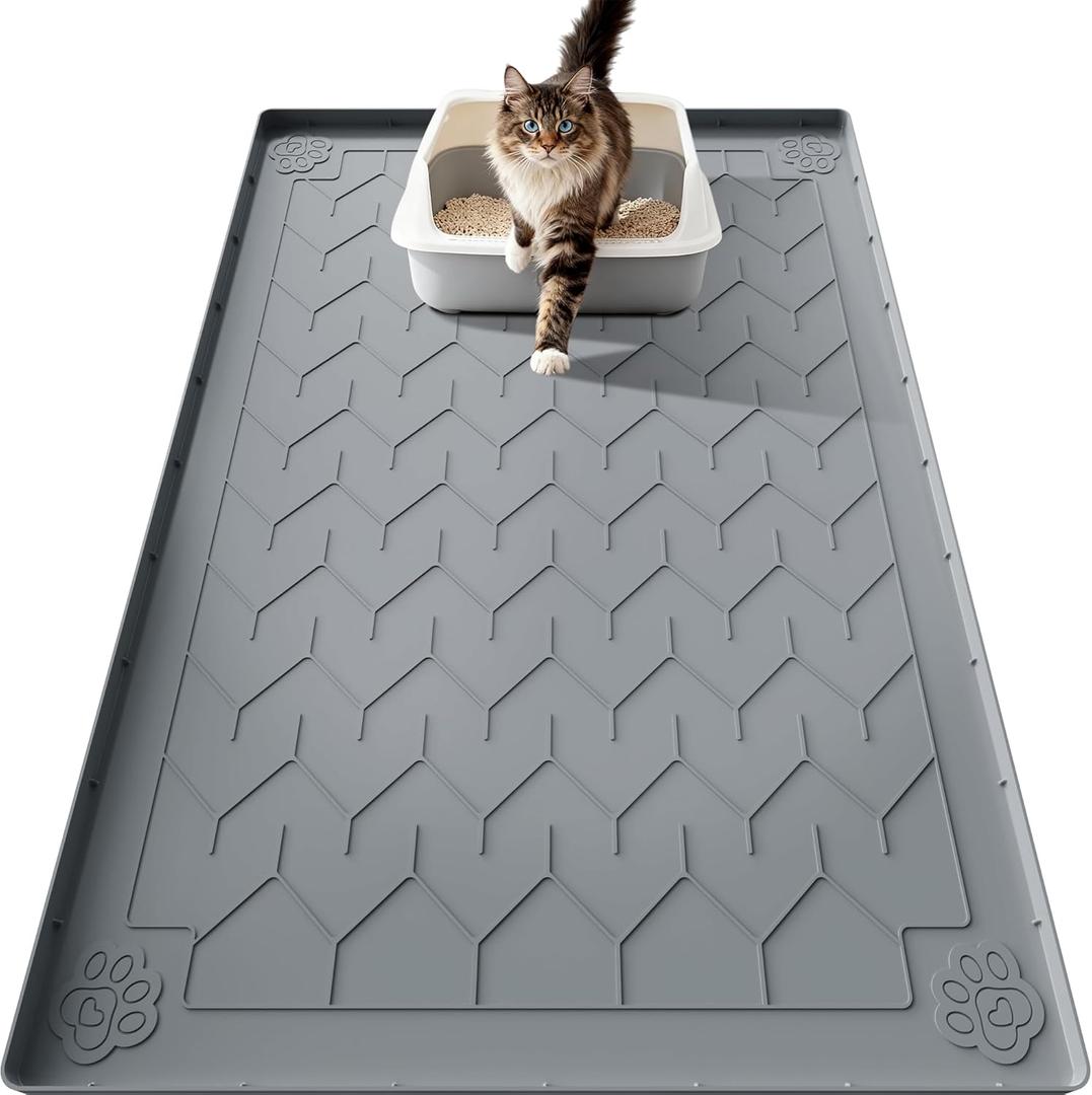 Cat Litter Mat, Extra Large 40"x28" Silicone Mat for Litter Box, Waterproof & Non-Slip Rubber Mat with Lip, Litter Trapping & Scatter Control, Soft on Cat Paws, Urine-Proof Floor Protector (Grey)
